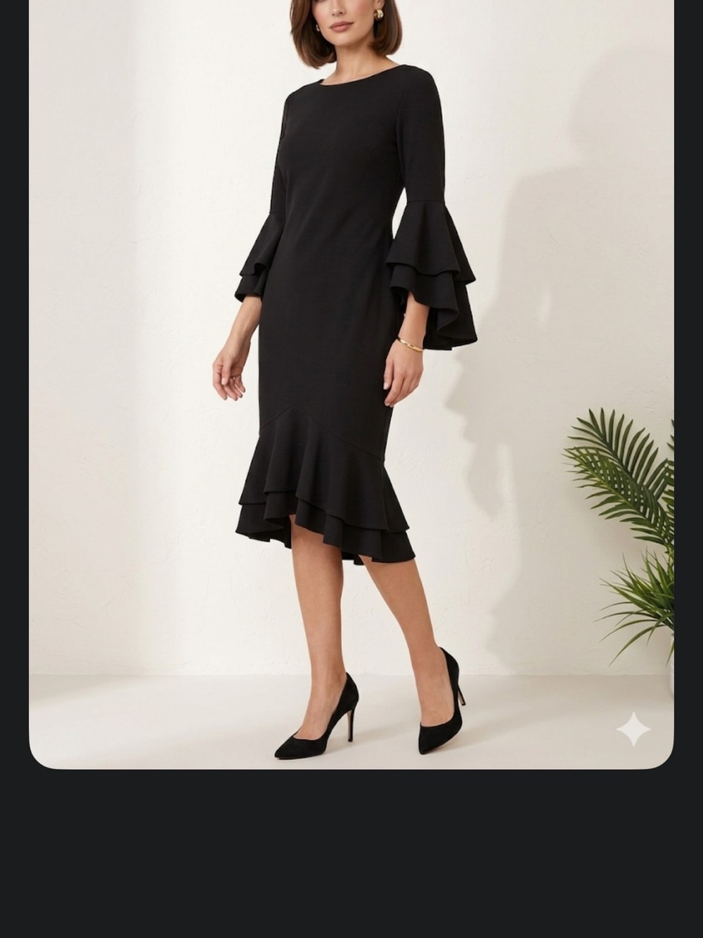Elegant Black Ruffle-Sleeve Midi Dress
